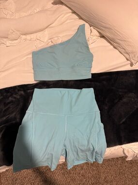 lululemon athletica Light Blue One-Shoulder Sports Bra & High-Waist Shorts Set